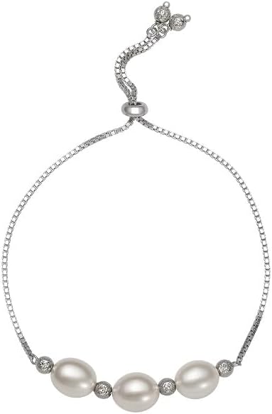 Belacqua Oval Cultured Freshwater Pearl Beads Bolo Bracelet in Sterling Silver, Pearl Size 7.50 to 8.50mm, Fashion Jewelry for Women, Gift Box Included - Image 2