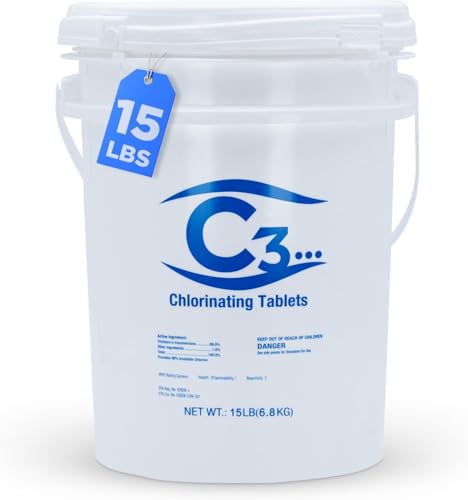Image of C3 15 lbs. 3 inch Stabilized Chlorine Tabs for Swimming Pools | Easy to Use for Above Ground or Inground Pool | Slow Dissolving Individual Chlorinating Tablets | 15 Pound Bucket
