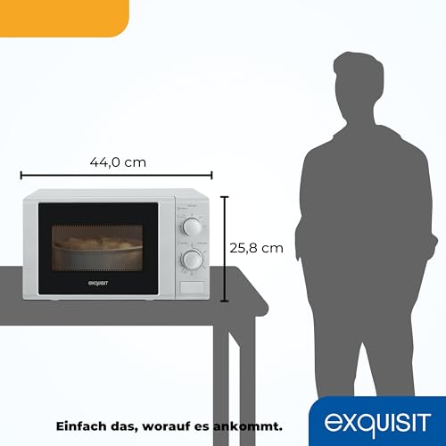 Exquisit Mikrowelle 20L, 700 Watt, Einfache Bedienung, 25,5cm Drehteller, 5 Leistungsstufen, Timer, Auftaufunktion, 2 Drehregler, MW 802 silber – Bild 4