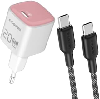 شاحن سريع USB نوع سي 20 وات + كابل USB نوع سي إلى USB نوع سي- مجموعة شحن سريع بي دي وQC3.0 لسلسلة آيفون 17/16/15 وسامسونج جالاكسي وشاومي وبيكسل واي باد والتابلت من جي باور - وردي/أسود