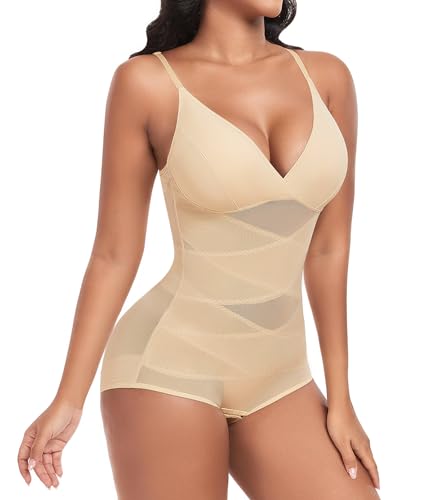 Niwicee Shapewear Damen Bauchweg Bodysuit Figurenformend Formende Bodys Nahtlos Body Shaper Verstellbarer Schultergurt Tummy Control Unterwäsche Taillenformer Jumpsuit(Beige-L)