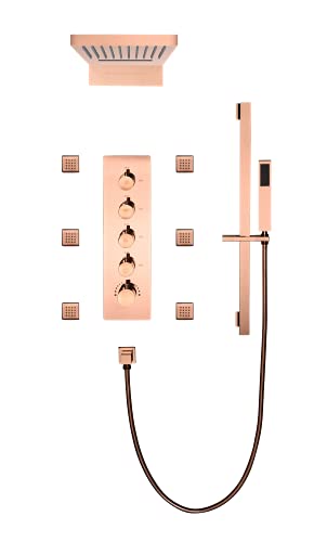 Rose Gold 22 Inch Rainfall Waterfall Shower Head 4 Way Thermostatic Shower Faucet With Sliding Bar And Body Jets Each Function Work All Together And Separately #TOP11