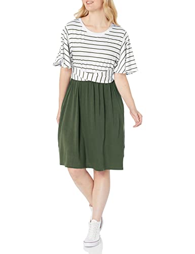 Merokeety Women's Summer Striped Ruffle Sleeves Tie Waist Crew Neck Casual Swing Midi Dress Green #TOP23