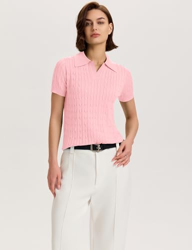Image of Micoson Womens Short Sleeve Sweater Tops Lapel V Neck Polo Shirts 2026 Summer Cable Knit Loose Blouse Business Casual Outfits