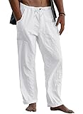 FANARCHER Men’s Cotton Linen Pants Drawstring Loose Beach Pants with Pockets White