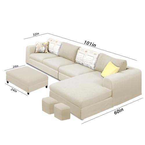 Image of Koza RHS 8 Seater L Shape Sofa Set with Center Table for Living Room (Cream Fabric) Premium Fabric Sofa