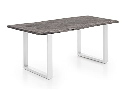 Woodkings® Esstisch Bullwer Holz Akazie grau, Metallfuß weiß, Tisch mit Baumkante, Baumtisch, Baumkantentisch, Echtholz modern, Design, Massivholz, Küchentisch, Esszimmermöbel (170 x 90 cm, weiß)