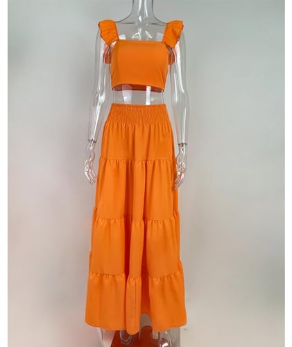 Sexyshine Women's 2 Piece Outfits Ruffle Sleeveless Crop Tank Top Vest and High Waist Tiered Flowy Long Maxi Skirt Set3
