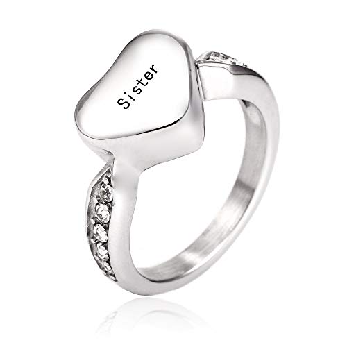 Muyuer Heart Cremation Urn Ring Hold Loved Ones Ashes for Funeral Keepsake Gift Memorial Jewelry (Sister, 6)