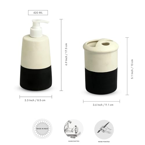 Image of ExclusiveLane 'Shadow & Light' 3 Piece Ceramic Bathroom Accessories Set - Soap Tray, Toothbrush Holder, Liquid Soap Dispenser