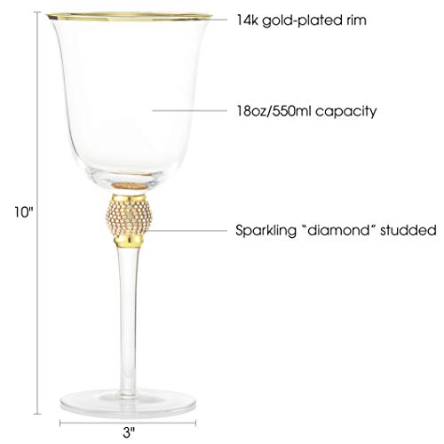 Berkware Set Of 6 Wine Glasses - Luxurious And Elegant Sparkling Studded Long Stem Rosé And White Wine Glass With Gold Rim #TOP5