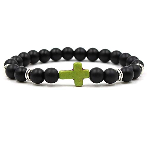 Bracelet de perles en pierre naturelle élastique avec croix verte