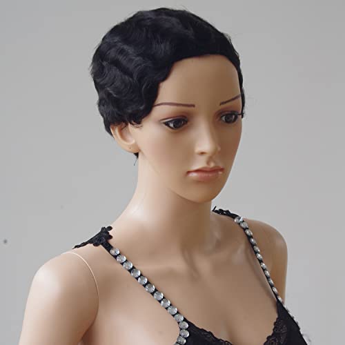 S-Noilite Short Pixie Cut Wigs For Black Women 100% Remy Human Hair Finger Wave Wig Glueless 1920S Retro Wig Daily Party Style Natural Black #TOP18