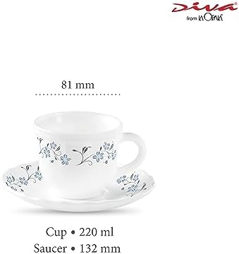 La Opala Diva, Opal Glass Crockery | Cup & Saucer Tulip Large, Set of 12 | Grace Blue, 220 ml | for Tea & Coffee | Microwave Safe | 100% Vegetarian | Extra Strong | Super Light | Super White