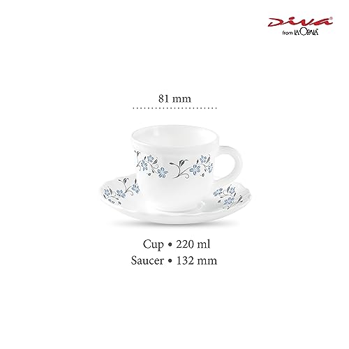 La Opala Diva, Opal Glass Crockery | Cup & Saucer Tulip Large, Set of 12 | Grace Blue, 220 ml | for Tea & Coffee | Microwave Safe | 100% Vegetarian | Extra Strong | Super Light | Super White