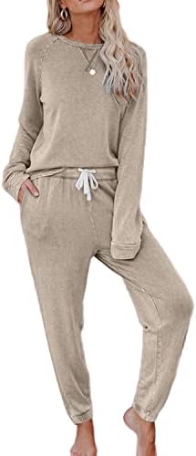 Saeklia Cozy 2 Piece Outfits Lounge Sets for Womens Loungewear Long Sleeve Tops and Joggers Sweatpants Sweats Track Suits Sets - Khaki M