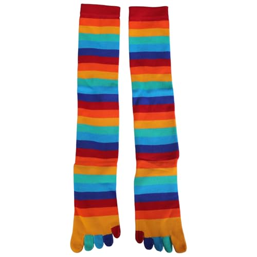 Image of Women Split Toe 5 Finger Calf Socks Rainbow Colorful Stripe Print Hosiery