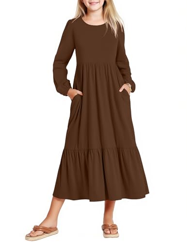 Image of Arshiner Girls Maxi Dresses Lantern Long Sleeve Casual Holiday Dress with Pockets for 5-14 Y