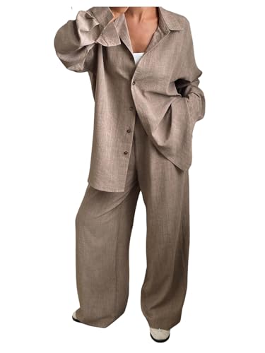 MakeMeChic Women's 2 Piece Outfits Business Casual Long Sleeve Button