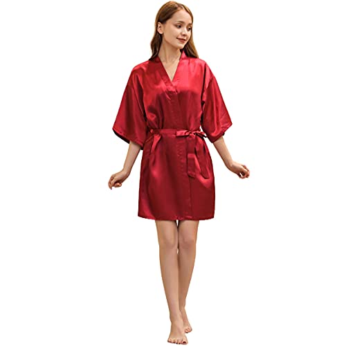 CuteOn Batas de kimono de satén para mujer Fiesta de la novia Batas de boda de dama de honor Batas de baño de seda Maroon Red XL