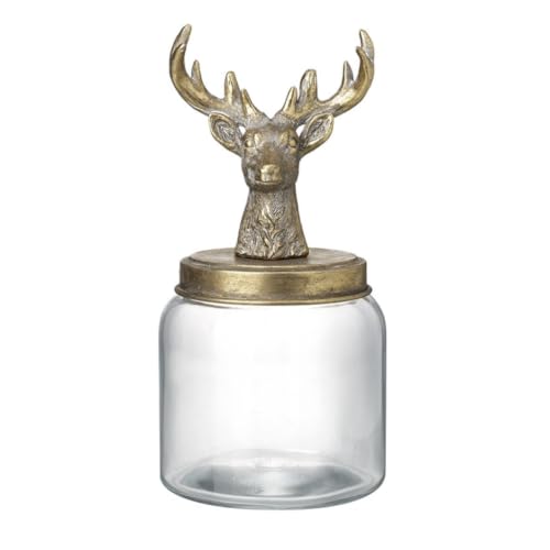 Image of Heaven Sends Medium Glass Stag Storage Jar, 32.5cm Decorative Christmas Food Canister with Antique Gold Metal Lid and Resin Deer Finial