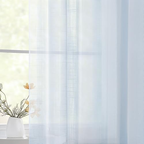 Image of TWOPAGES Baby Blue Pinch Pleated Sheer Curtains, 84 inch W x 102 inch L, 2 Panels