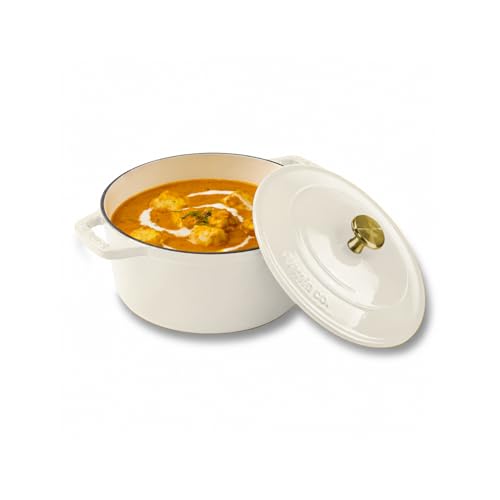 Image of Cumin Co. Enamel Cast Iron Dutch Oven with Lid | Induction, Dishwasher, Oven Safe | 100% Toxin-Free Surface | Biryani Pot Heavy Bottom | Cast Iron Casserole (Malai (White), 16 CM)
