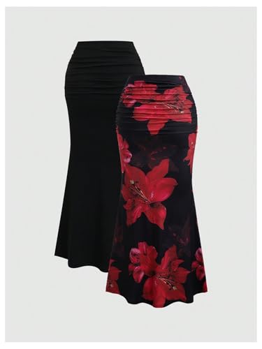 Women's 2 Pack Fishtail Skirt Elegant Floral Ruched Skinny Bodycon Ruffle Long Skirts2