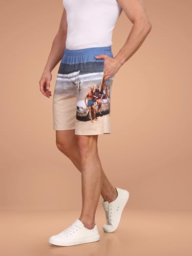 Image of BULLMER Regular Fit Cotton Blend Summer Shorts for Men - Pack of 2 | Printed Shorts for Men Blue /Beige