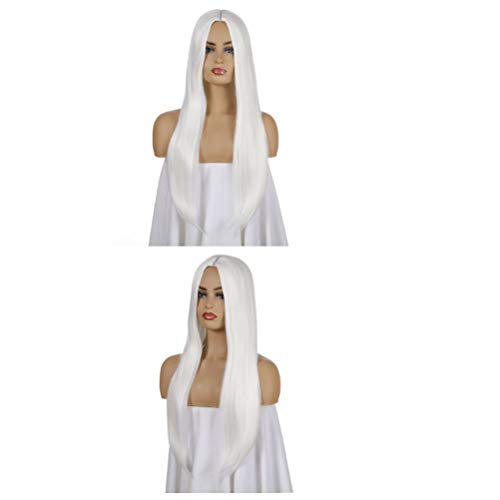 Lurrose Moda feminina peruca longa branca peruca de cabelo reto Acessórios para cabelo elegantes nat