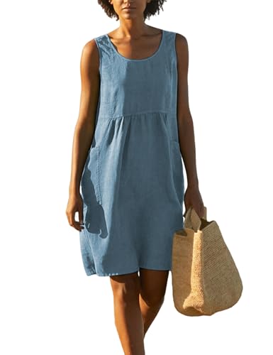 Image of Watashi Women Summer Sleeveless Dress Casual Cotton Linen Sundress Midi Tunic Tank Beach Dress with Pockets(Bluegrey-M)