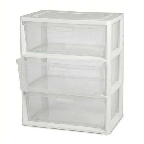 Wide 3-Drawer Plastic Storage Tower Organizer, Clear Removable Bins with White Frame, 25.25" High, Drawer Stops & Integrated Handles for Closet, Bedroom, Craft Room, and Dorm Organization