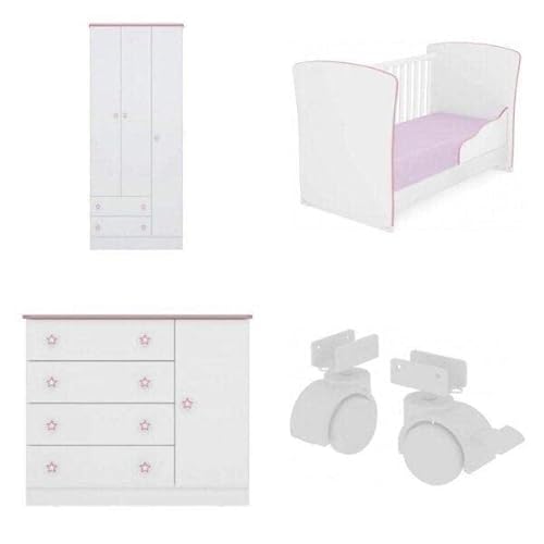 Quarto de bebê com Berço, Cômoda Sapateira, Guarda Roupa e Kit 4 Rodízios Linha Doce Sonho Qmovi Ros