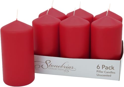 Image of Stonebriar Unscented Pillar Candles - 65 Hour Burn Time, Long-Lasting Wax Candles for Weddings, Holidays, Home Decor & Special Events, Pack of 6, Red, 3 inch x 6 inch