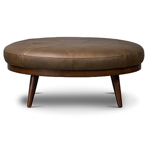 Image of Poly & BARK Gio Ottoman - 30 inch Round with Feather-Down Topper - Full-Grain Leather Upholstery - Couch Ottoman for Living Room - Vintage Italian Leather in Cocoa Brown