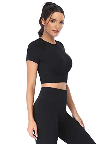 2 Piece Short Sleeve Outfits for Women Seamless Crop Tops Set for Women Workout Set2