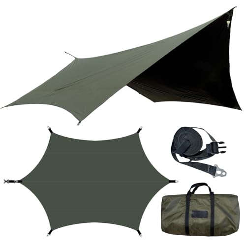 タープ ヘキサ タープ ヘキサタープ 難燃性ポリエステル 耐水圧8000mm ブラックコーティング 遮光 大型 5m延長ベルト付き 軽量 (アーミーグリーン(難燃性ブラックコーティング), 420×410cm)