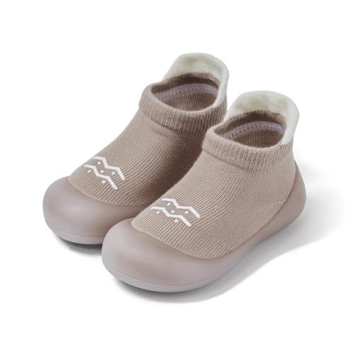 Image of Baby Sock Shoes Baby Walking Shoes Infant Non-Slip Breathable Slippers with Soft Rubber Sole Baby Boys Girls Sneakers Khaki Waves 18-24 Months