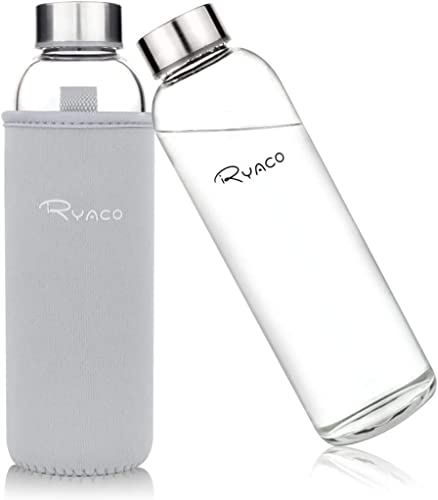 RYACO Butelka na wodę ze szkła borokrzemowego, 550 ml, bez BPA, szczelna, do szkoły, domu, biura, podróży, sportu, jogi, siłowni, gorących/zimnych napojów, z neoprenowym rękawem i szczotką z gąbki