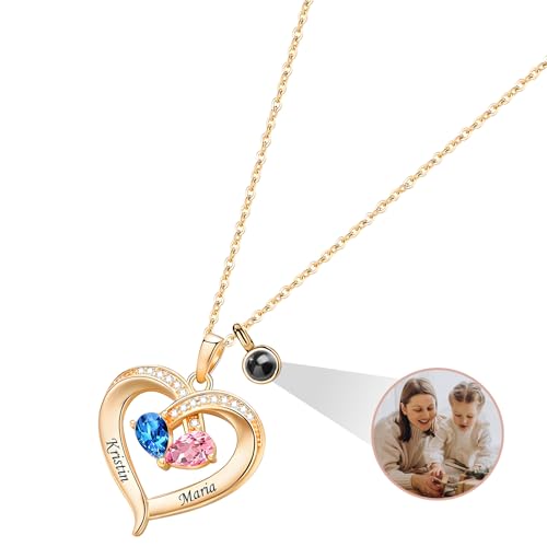 RSQGT Collier Cœur Personnalisé avec Prénom Gravée, Projection Photo et Pierre de Naissance. Cadeau pour Anniversaire, Fête des Mères ou Saint-Valentin...