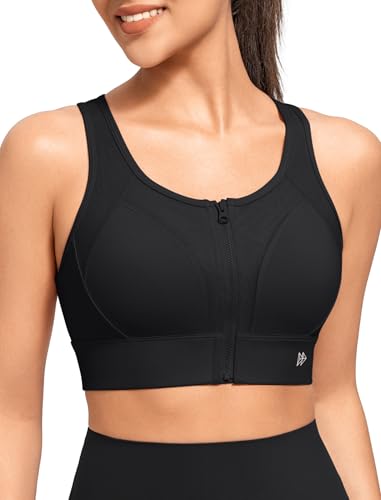 Image of Yvette High Impact Front Closure Sports Bras for Women Plus Size Racerback Running Sports Bra with Hollow-Out Design,Jet Black,M+