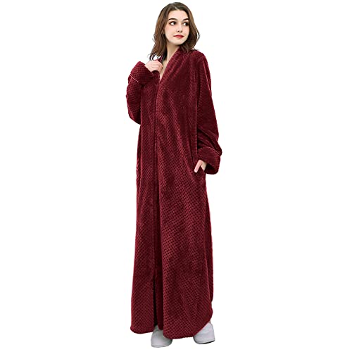 Hellomamma Womens Robes Warm Plush Winter Robe, Zip up Long Fleece Bath Robes Female, Zipper Bathrobes for Women Wine Red 4XLarge-5XLarge