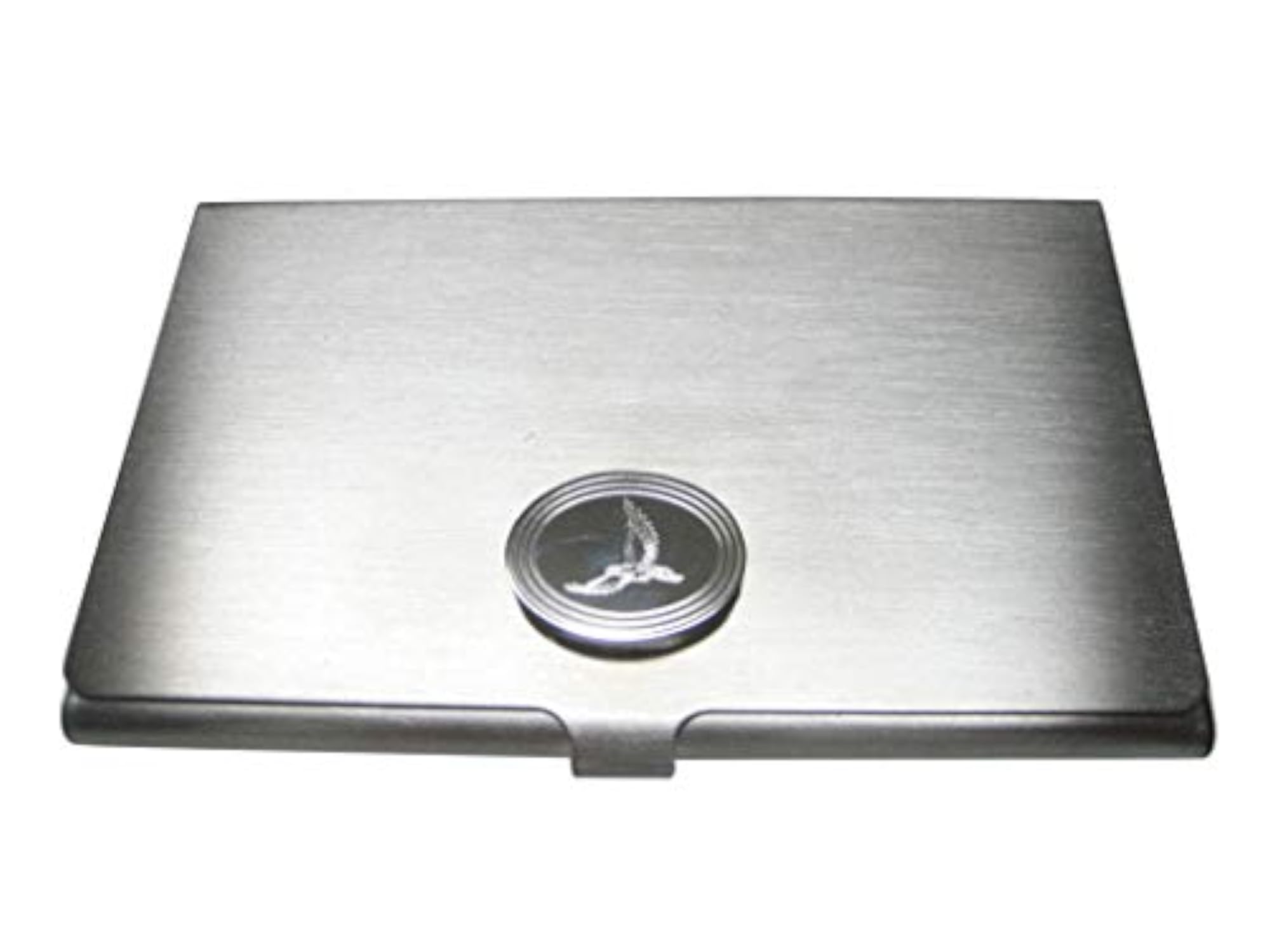 Silver Toned Etched Oval Hawk Bird Business Card Holder