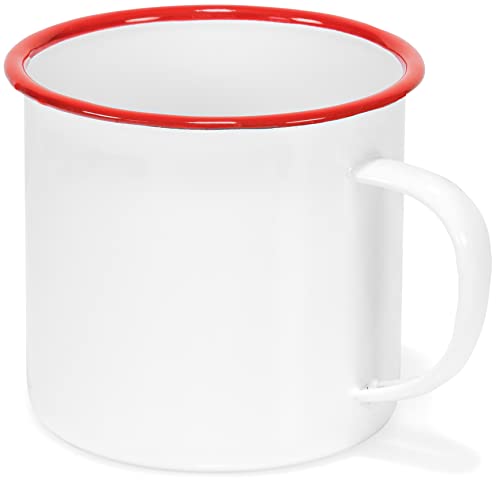 Red Co. Enamelware Metal Large Classic 22 Oz Round Coffee and Tea Mug with Handle, Solid White/Red Rim