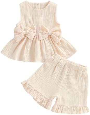 Toddler Girl Summer Outfits Solid Linen Outfit Two Bows Front Ruf...