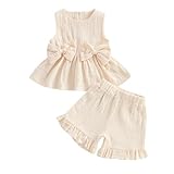 Toddler Girl Summer Outfits Solid Linen Outfit Two Bows Front Ruffle Tank Tops Shirts Shorts Cute Baby Girl Clothes (Cream, 2-3T)