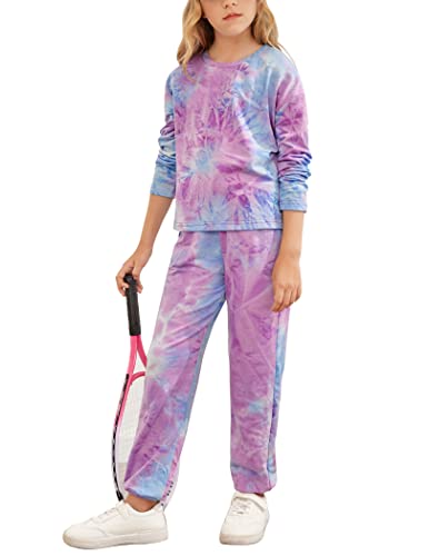 Hopeac 2Pcs Girls Tie Dye Sweatsuit Long Sleeve Outfits Jogger Set Sport Tracksuit Tops + Sweatpants For Kids #TOP2