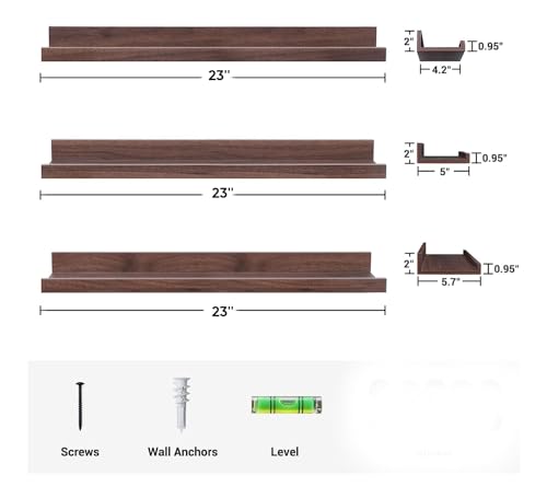 Image of Wooden Floating Wall Shelves Set of 3 for Living Room & Bedroom | Modern Wall Mounted Display Rack for Decor, Photo Frames, Plants & Storage (Walnut, 23 Inch)