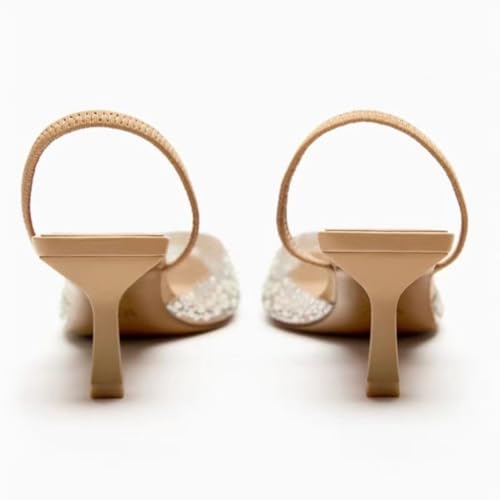 MRKEWUNEY Fashion Rhinestone Clear Slingback Pumps Shoes for Women Pointed Toe PVC Kitten Heels4