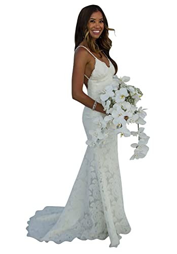 Ternlm Women’s Spaghetti Straps Mermaid Wedding Dress for Bride Lace Appliqued Backless Chiffon Bridal Gown for Women White 04